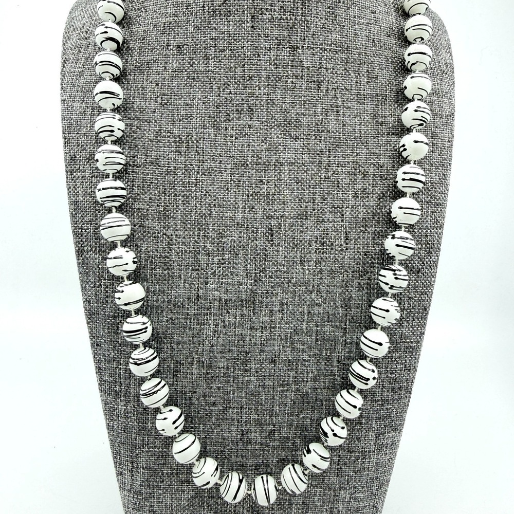 Mod White Black Striped Bead Necklace Retro Round Statement Minimalist Chic